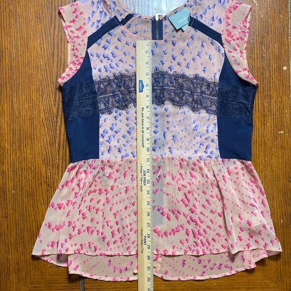 Maeve Anthropologie Peplum Abstract Top S Lace Floral Print Sheer Hi Low Summer - Picture 8 of 9